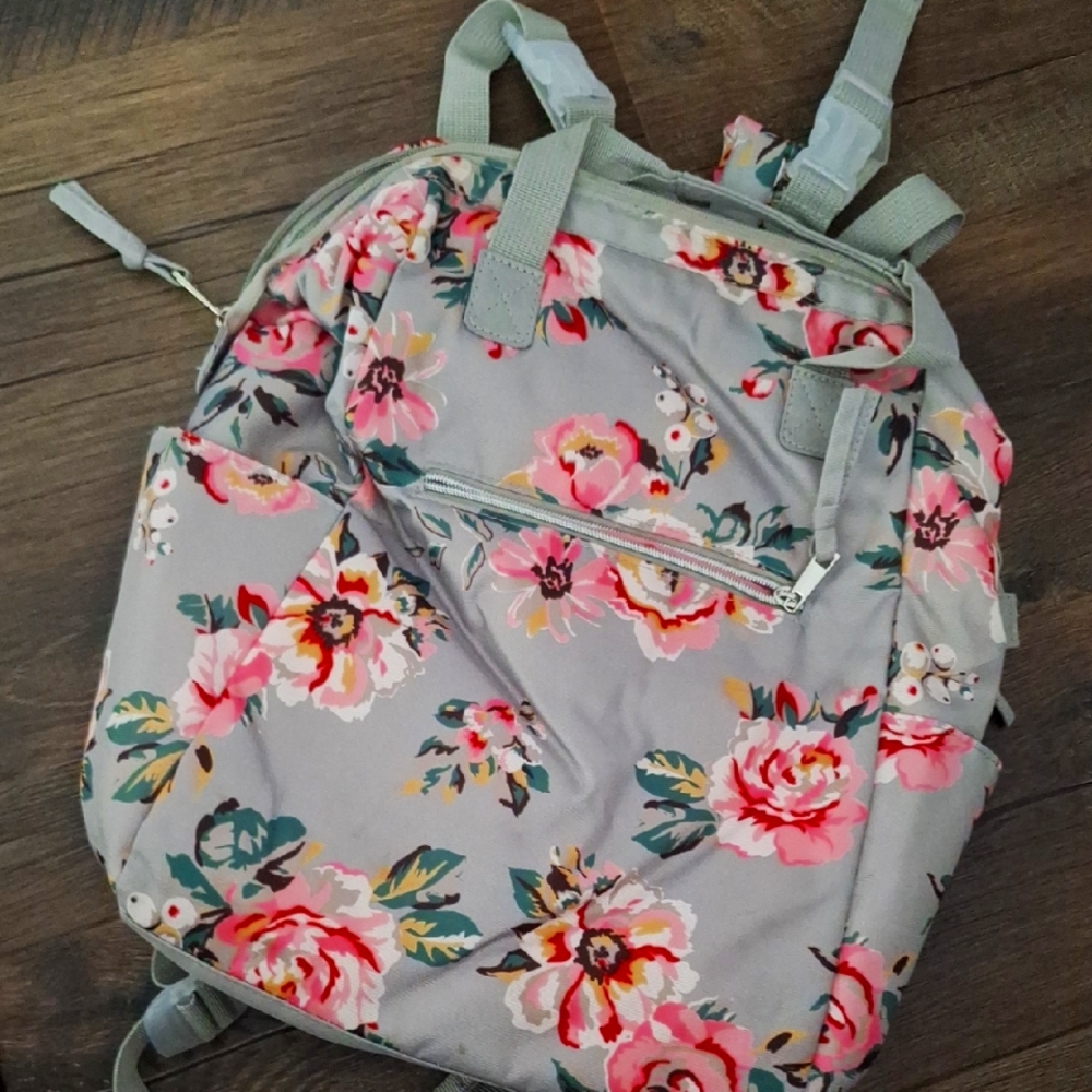 Floral Gray Diaper Bag Backpack with Interior Insulated Bottle Pocket